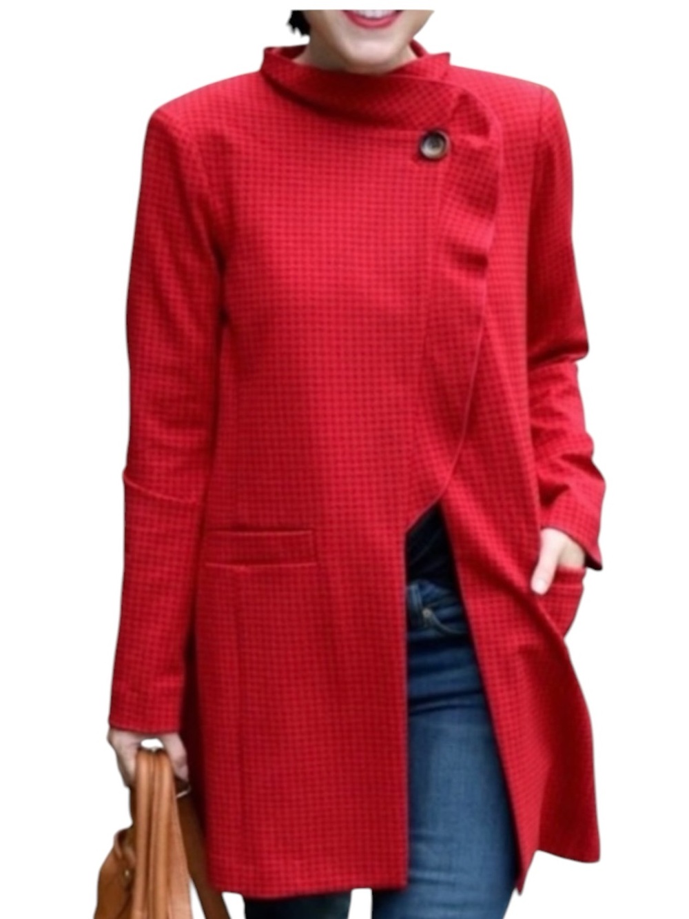 CAbi 3546 Celebration Jacket Red Houndstooth Ruffle Neck Size L